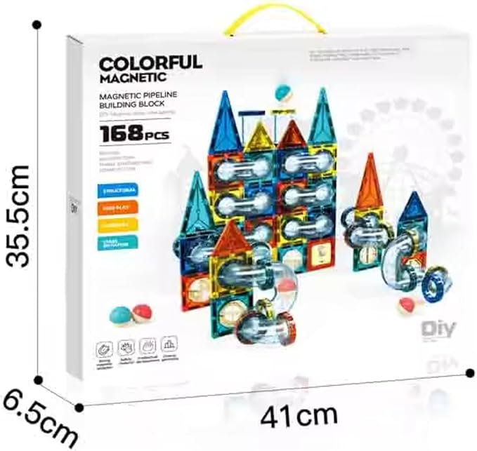Colorful magnetic pipeline building block set with packaging and measurements available at Juniors Toys