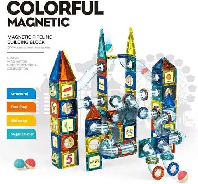 Colorful magnetic building block set with towers and pipes on a white background available at Juniors Toys