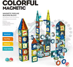 Colorful magnetic building block set with towers and pipes on a white background available at Juniors Toys