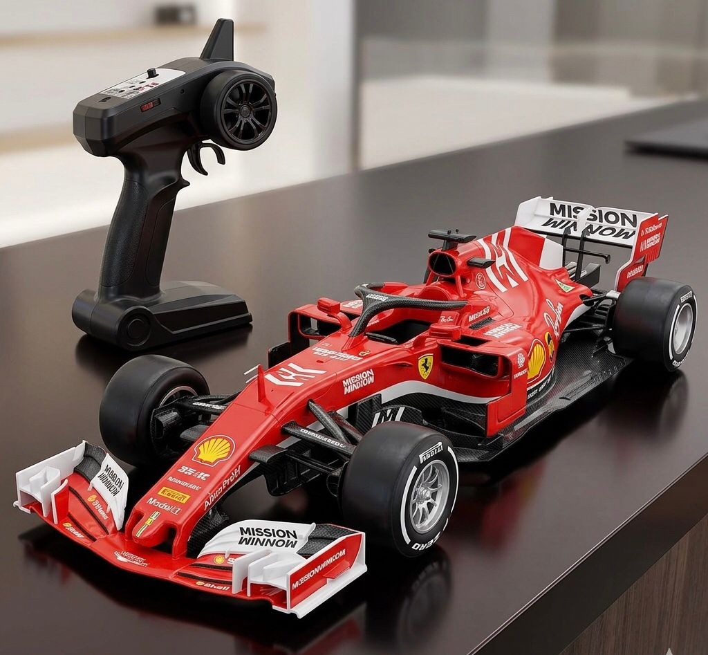 Red Formula 1 car model with remote control on a reflective surface available at Juniors Toys