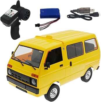 Yellow toy van with remote control, battery, and USB cable on a white background available at Juniors Toys