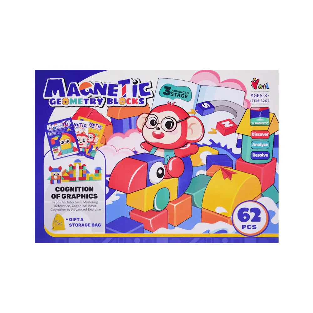 Box of magnetic geometry blocks with colorful design and character on a white background available at Juniors Toys