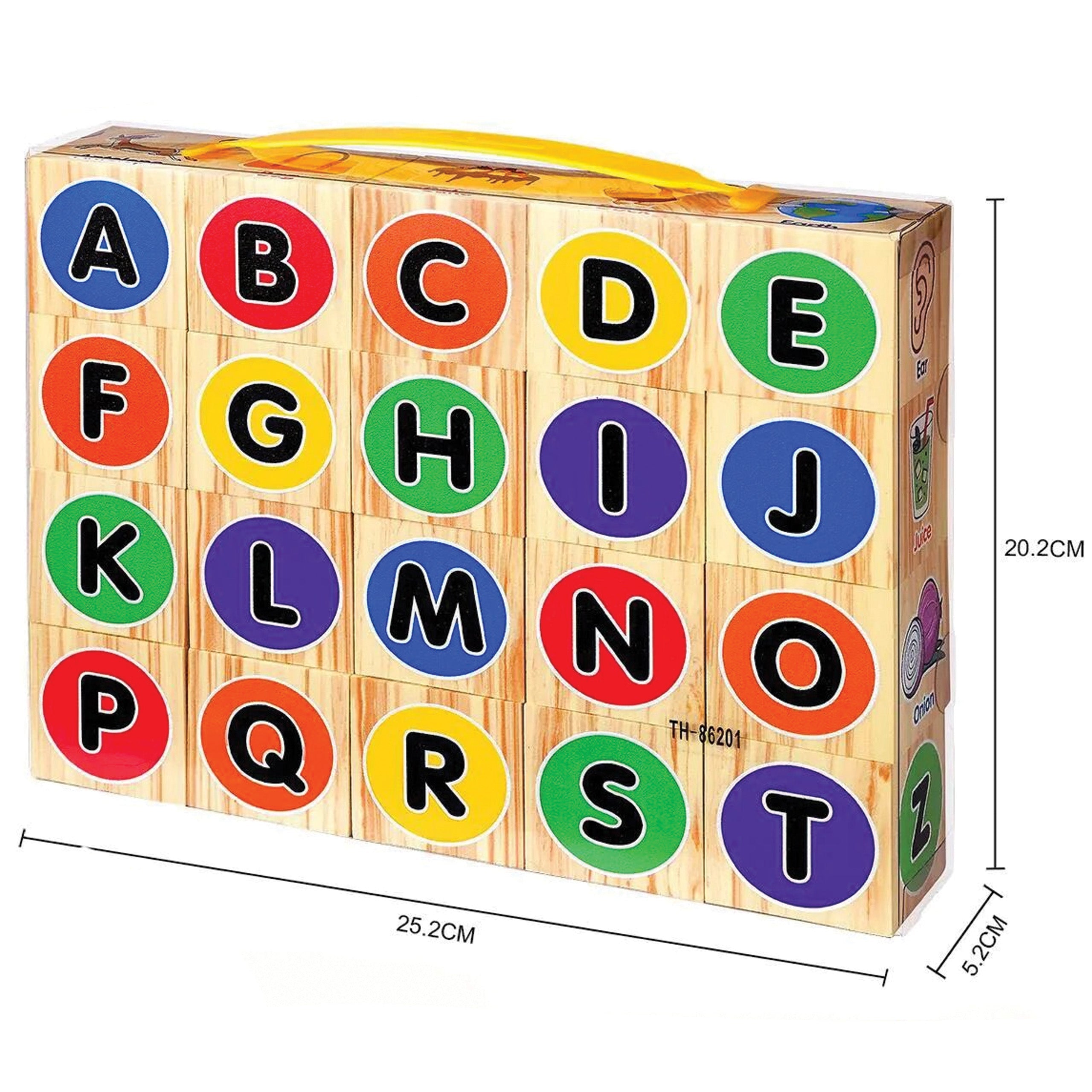 Wooden block set with colorful letters on a white background available at Juniors Toys
