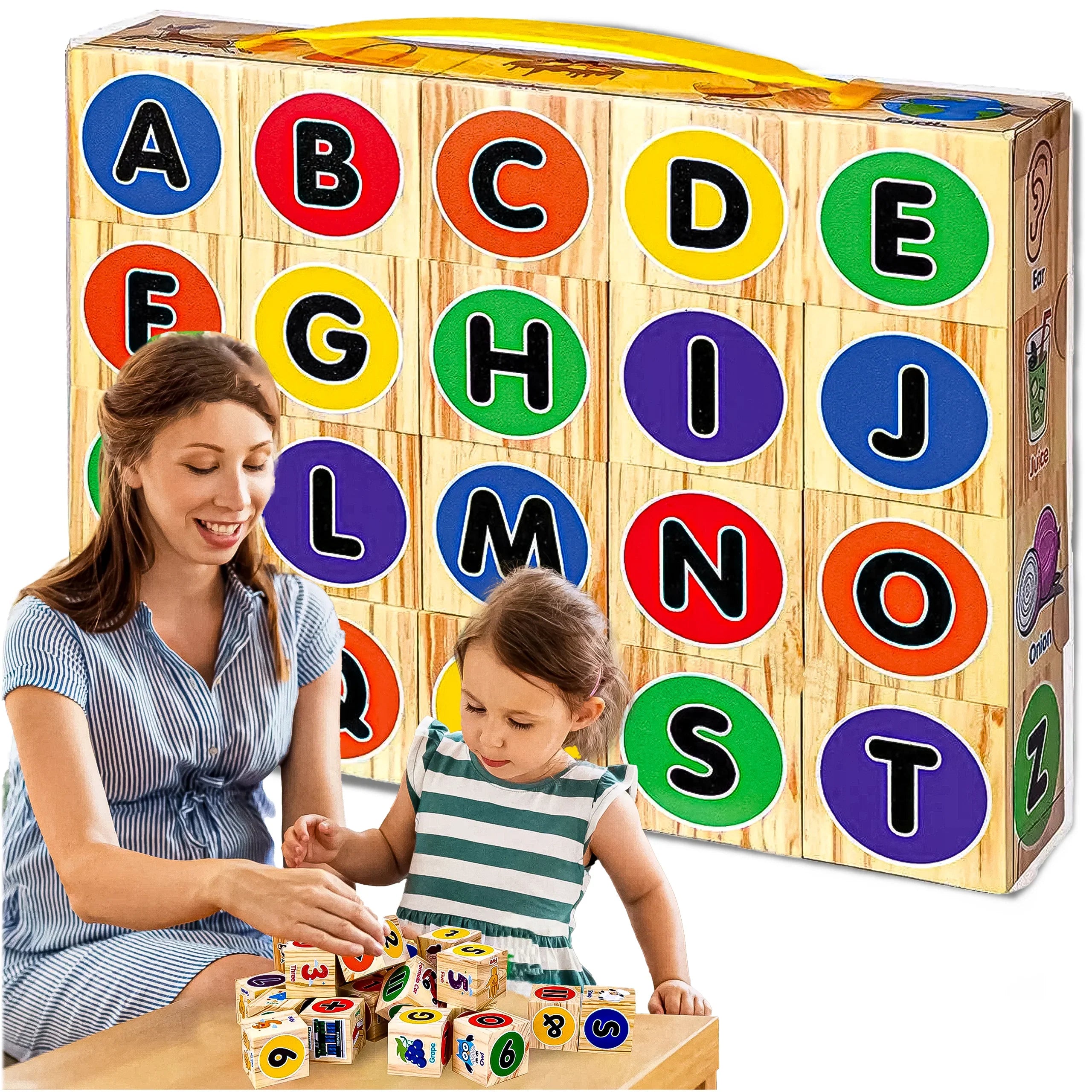 Woman and child playing with colorful letter blocks in front of a wooden box labeled 'A to Z' available at Juniors Toys