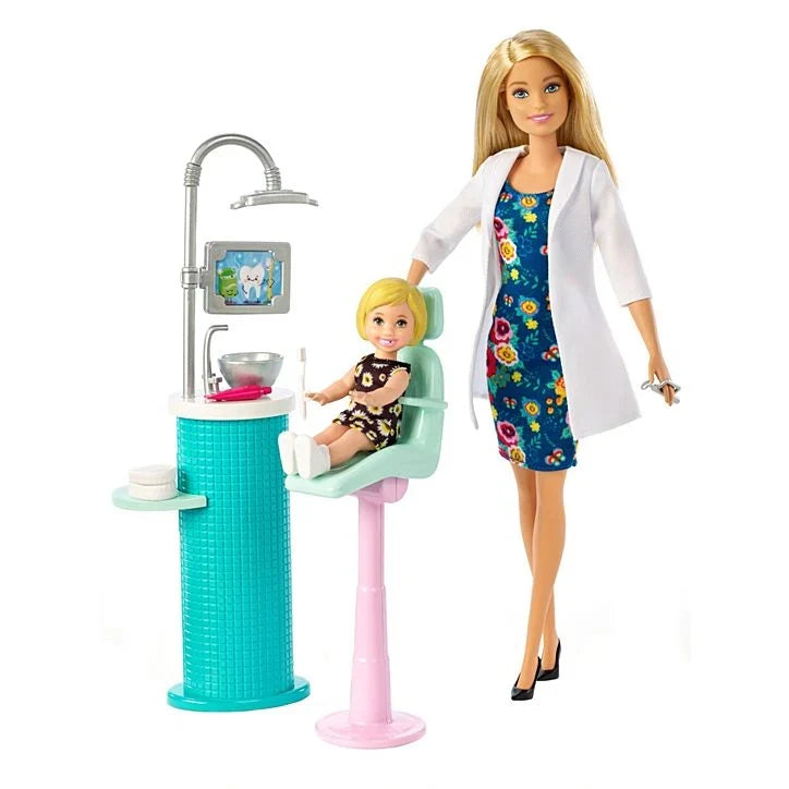 Barbie doll in a doctor's outfit with a patient and medical playset on a white background available at Juniors Toys