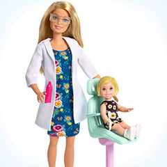 Barbie doll in a doctor's outfit with a patient in a chair on a white available at Juniors Toys