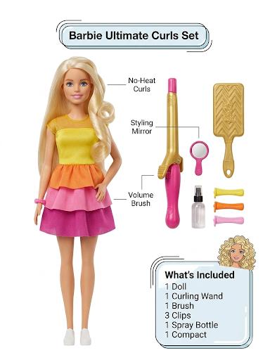 Barbie Ultimate Curls Set with doll, styling tools, and product list on a white background available at Juniors Toys