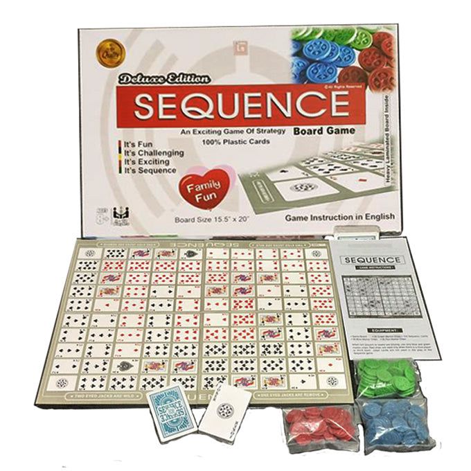 Sequence board game set with packaging, board, cards, and pieces availble at Juniors Toys