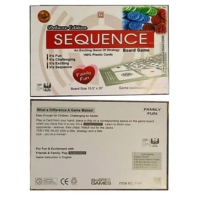 Sequence board game box with text and graphics available at Juniors Toys