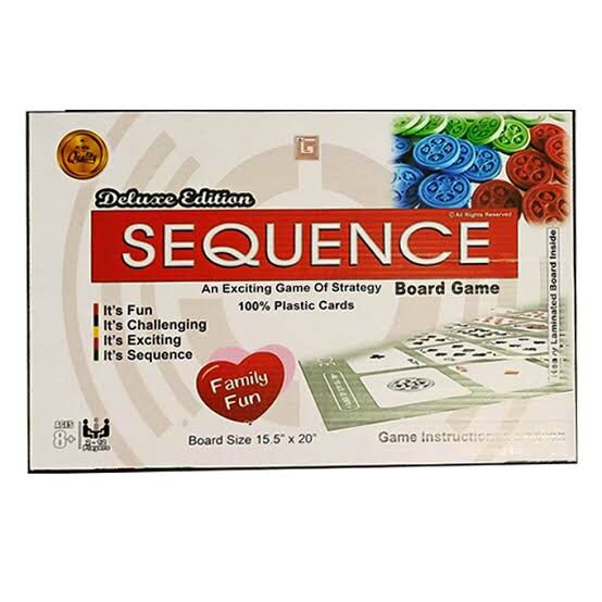 Box of Sequence board game with colorful game pieces on a white background available at Juniors Toys
