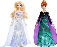 Two dolls in costumes, one with a long white dress and the other with a green and purple outfit - Disney Frozen Elsa and Anna Dolls Set at Juniors Toys