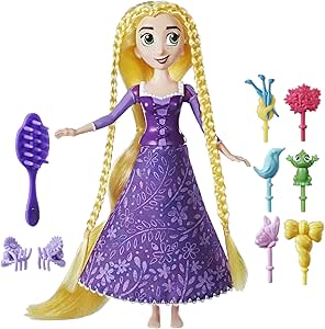 Tangled doll with long blonde hair and purple dress, surrounded by accessories on a white background available at Juniors Toys