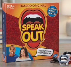 Hasbro Speak Out game box with colorful design and text on a wooden surface availble at Juniors Toys