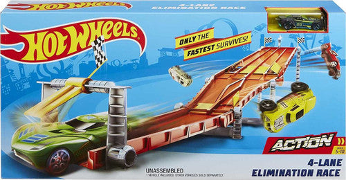 Packaging for the 4-Lane Elimination Race featuring cars competing on four parallel tracks available at Juniors Toys