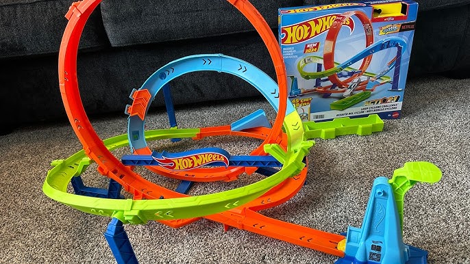 Front view of the Loop Cyclone Challenge packaging with a yellow die-cast car visible in the top corner available at Juniors Toys