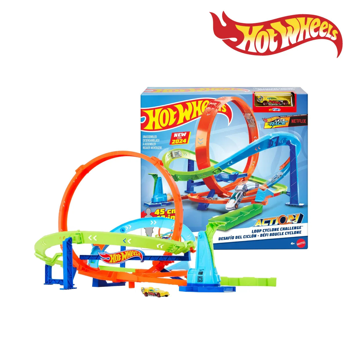 Hot Wheels Let's Race Loop Cyclone Challenge track set with a height of 45 cm+ for kids aged 4 and up available at Juniors Toys
