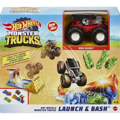 Hot Wheels Monster Trucks Launch & Bash box with Bone Shaker truck and stunt ramp available at Juniors Toys