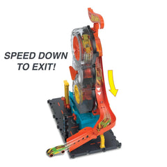 Front view of the Super Twist Tire Shop box showing how it connects to other Hot Wheels City sets available at Juniors Toys