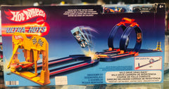 Detailed view of the Hot Wheels Ultra Hots packaging showing the 208 cm long drag race track features available at Juniors Toys