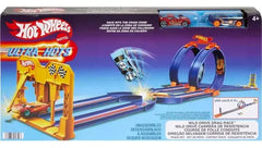 Hot Wheels Ultra Hots Wild Drive Drag Race track set featuring blue double loops and orange track pieces available at Juniors Toys