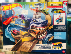 Hot Wheels City Sharkport Showdown box featuring a giant shark and track available At Juniors Toys