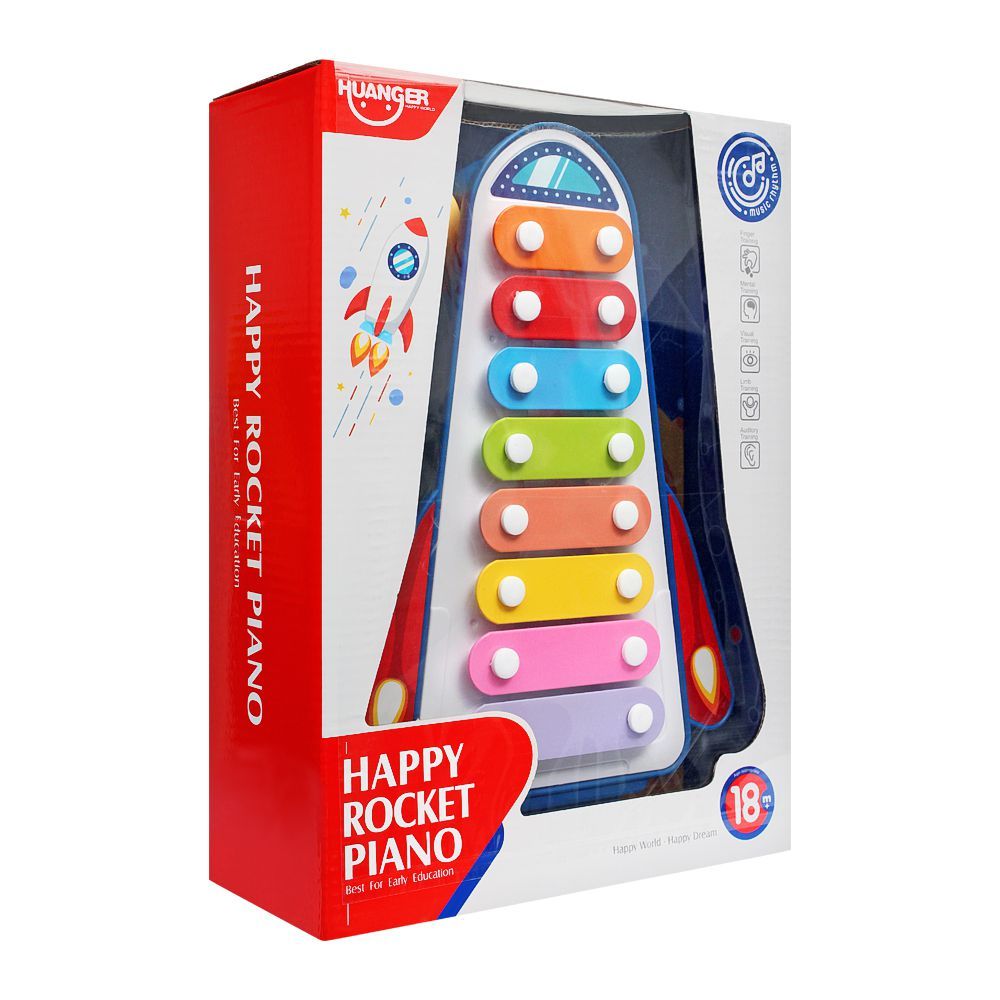 Box of Happy Rocket Piano toy with colorful keys and rocket design available at Juniors Toys