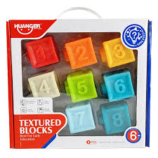 Box of Huanger textured blocks with numbers and letters available at Juniors Toys