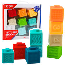 Textured blocks with numbers and shapes in various colors on a white background available at Juniors Toys