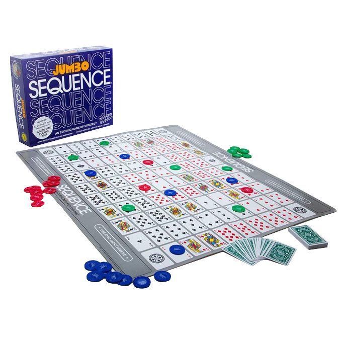 Board game set with 'Sequence' board, cards, and pieces on a white background available at Juniors Toys