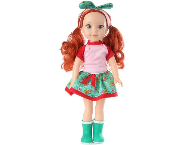 Doll with red hair, pink shirt, floral skirt, and green boots on a white background available at Juniors Toys