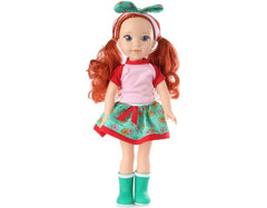 Doll with red hair, pink shirt, floral skirt, and green boots on a white background available at Juniors Toys