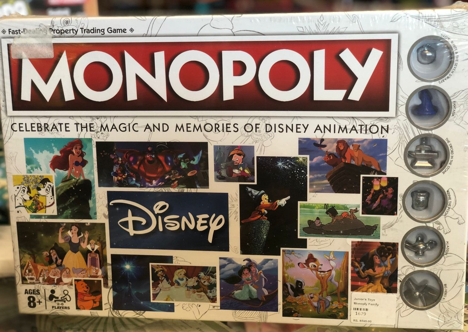 Monopoly board game box featuring Disney animation images and branding available at Juniors Toys