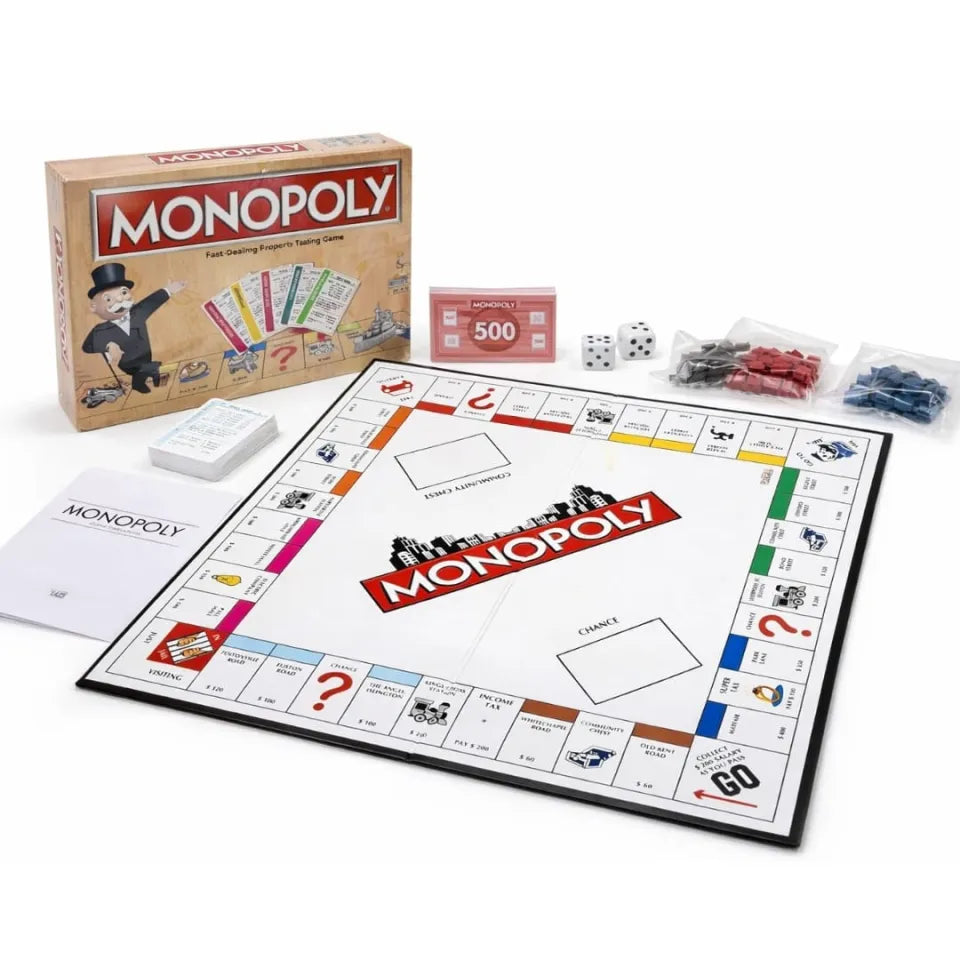 Monopoly board game set with components on a white background available at Juniors Toys