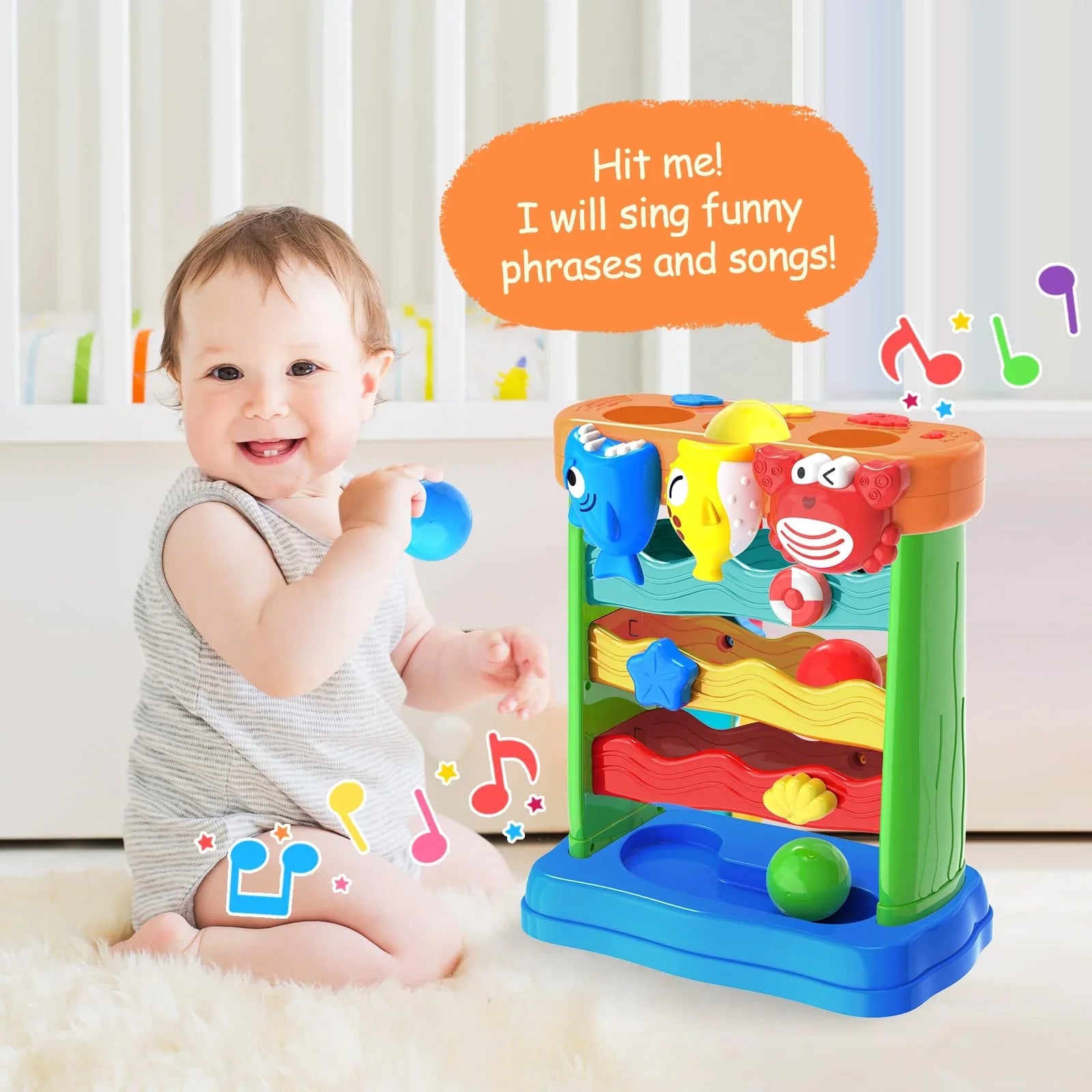 Child playing with a colorful toy that sings phrases and songs, with a child sitting next to it available at Juniors Toys