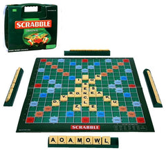 Scrabble board game set with tiles and packaging on a white background availbale at Juniors Toys