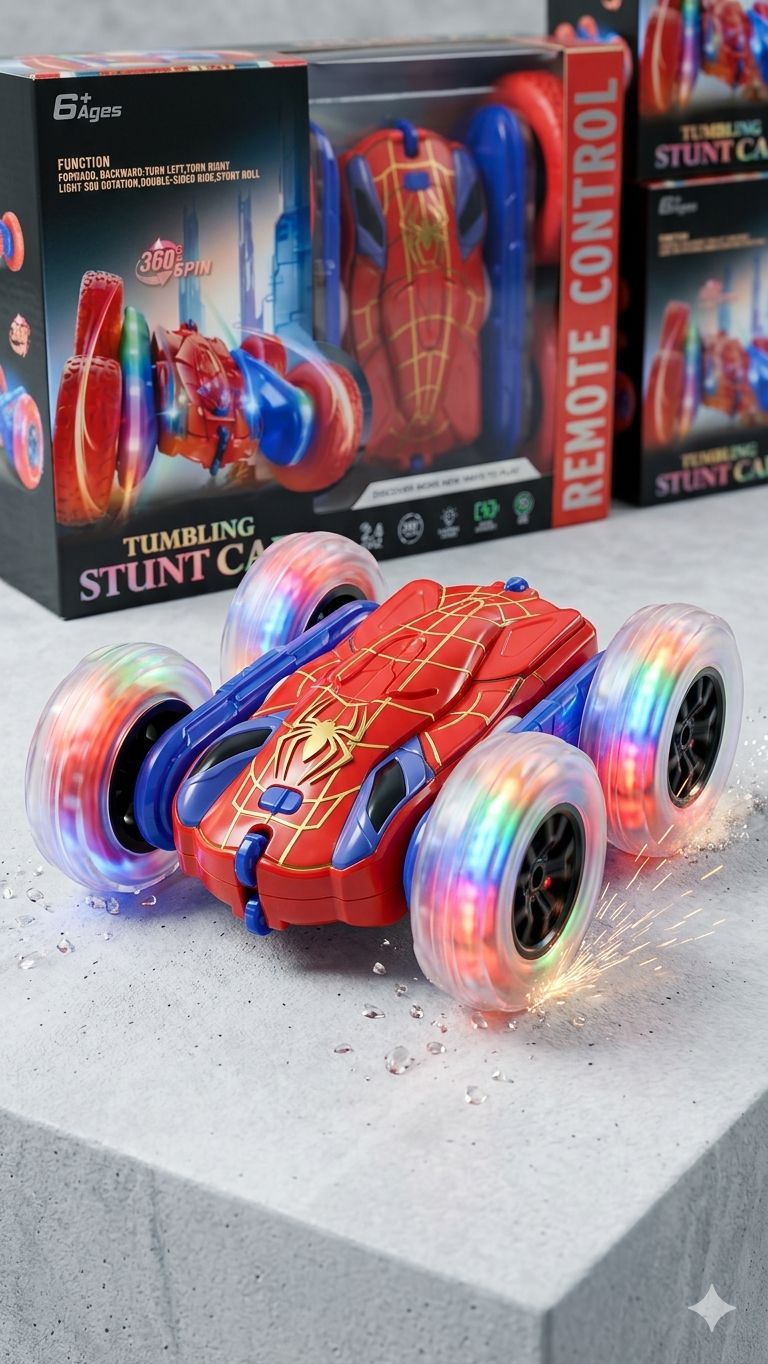 Spider-Man remote control stunt car with glowing wheels on a concrete surface, surrounded by packaging available at Juniors Toys