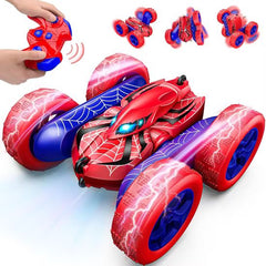 Red and blue toy car with spider-Man design, controlled by a remote available at Juniors Toys