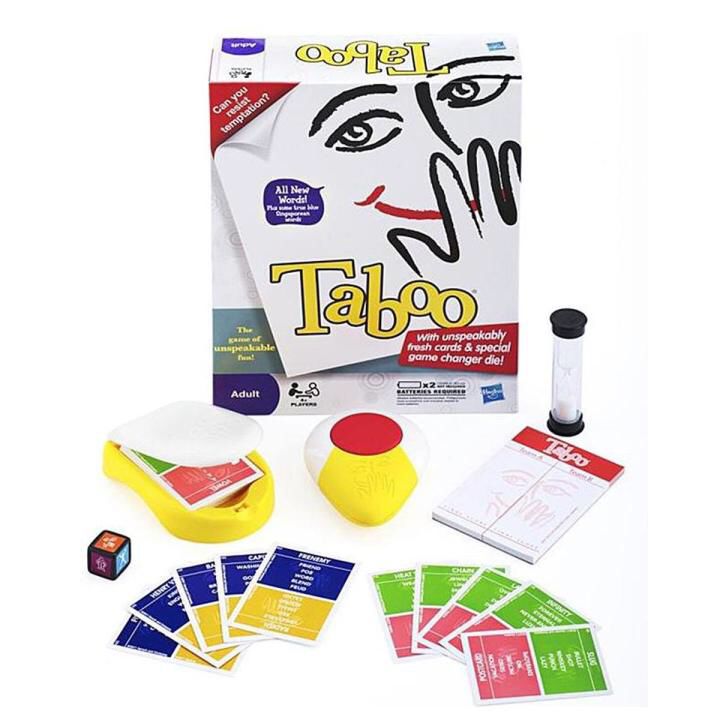 Taboo game set with cards, dice, and instructions available at Juniors Toys