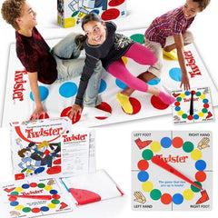 Twister game set with players on the mat and packaging displayed available at Juniors Toys