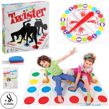 Twister game set with box, mat, and spinner, featuring children playing availale at Juniors Toys