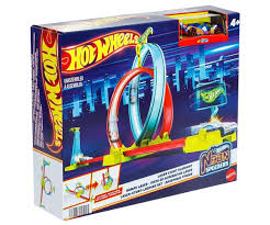 Back of the Hot Wheels Neon Speeders Skyscraper Speed Circuit packaging showing set components, assembly instructions, and play features available at Juniors Toys