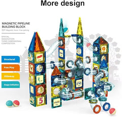 Colorful magnetic pipeline building blocks with text on a white background available at Juniors Toys