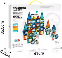 Colorful magnetic pipeline building block set with packaging and measurements available at Juniors Toys