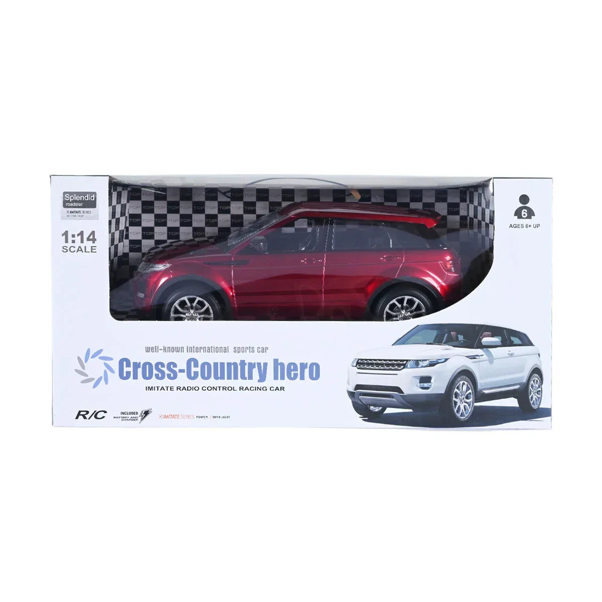 Boxed model car with a red vehicle and 'Cross-Country Hero' branding available at Juniors Toys