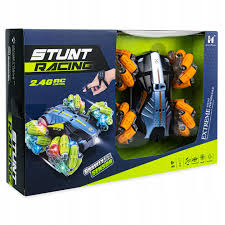 Boxed toy stunt car with 'Stunt Racing' branding on a green background available at Juniors Toys
