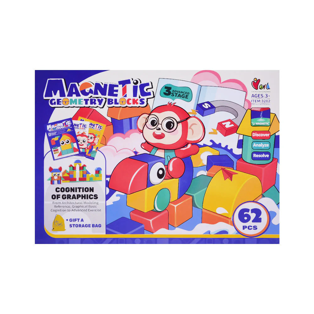 62-Piece Magnetic Geometry Blocks Set – 3-Stage Advanced Building Blocks for Kids with Storage Bag