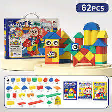 Colorful magnetic building blocks set with packaging on a white background available at Juniors Toys