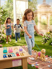 Children playing with toy dog and accessories in a garden setting available at Juniors Toys