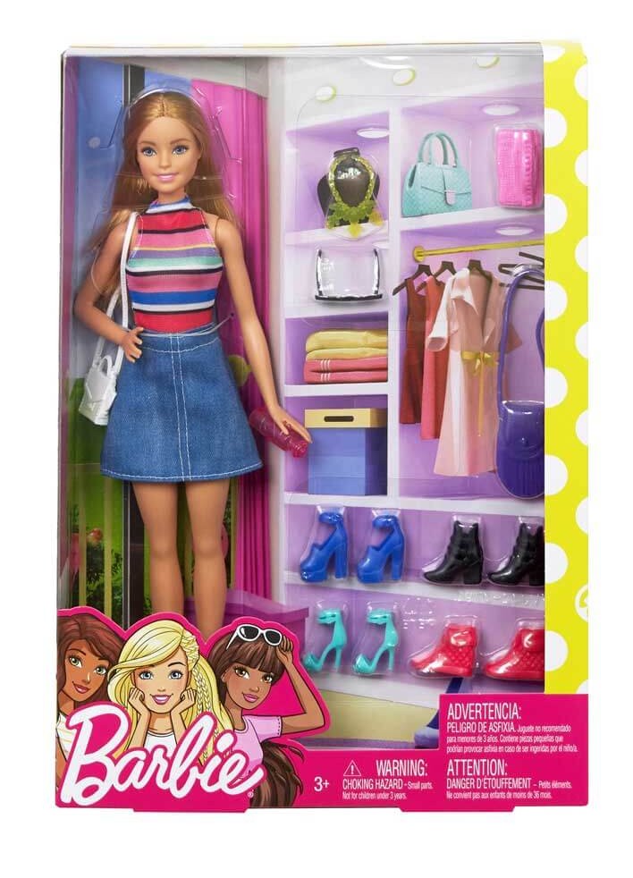 Barbie doll in a packaging with wardrobe and accessories available at Juniors Toys
