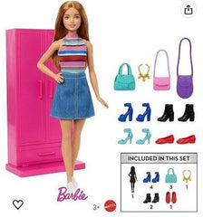 Barbie doll with fashion items including a wardrobe, shoes, and handbags on a white background available at Juniors Toys